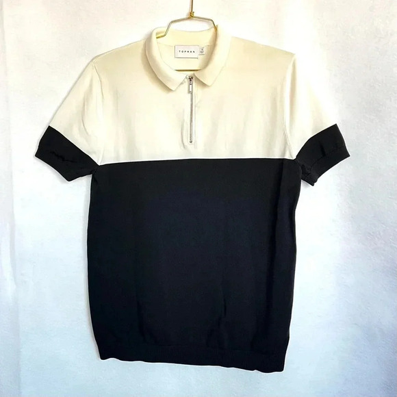 Topman Colorblock Polo Sweater Size Small 1/4 Zip Black Ivory Short Sleeve Knit - Picture 6 of 8